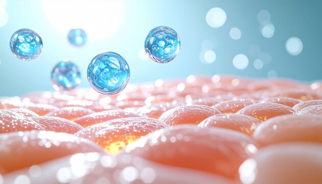 幹細胞が肌に浸透し活性化させる再生プロセスの3DCGイラスト　幹細胞肌再生治療