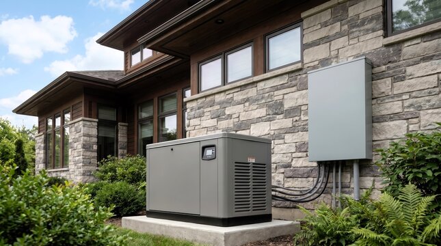 Modern standby generator system installed on a stone house exterior ensuring home power backup solutions
