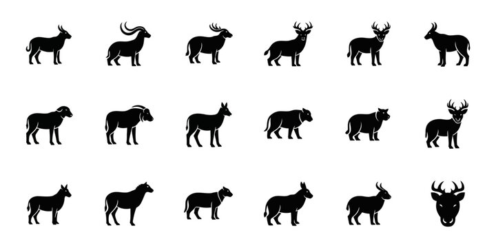 Collection of wild animal silhouette logos including deer, goat, wolf, dog, and livestock in clean vector style, perfect for wildlife branding, farm logos, and mascot design.