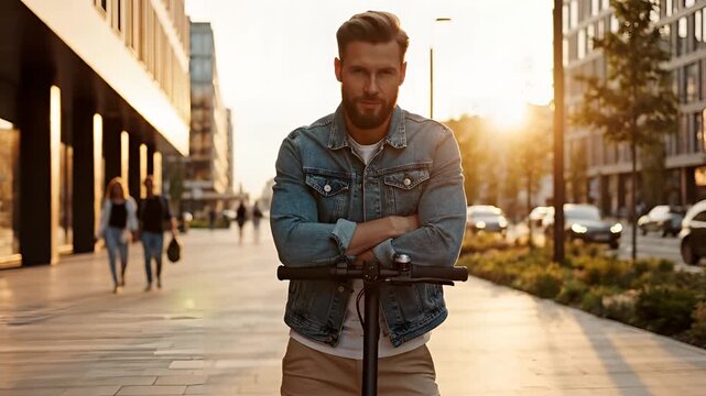 Man Riding Electric Scooter in Urban Environment at Sunset.