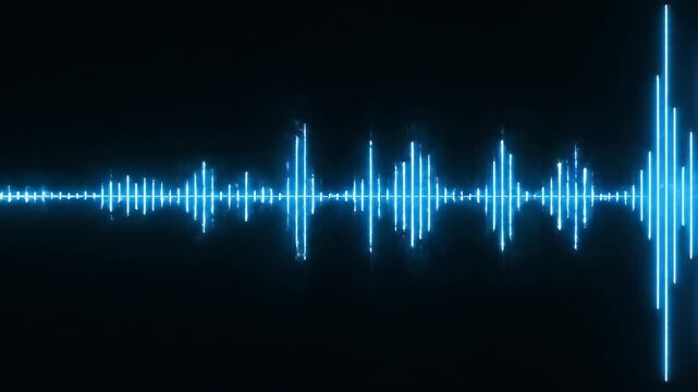 Abstract blue neon sound wave equalizer pulsing on black background, audio waveform visualization, music rhythm