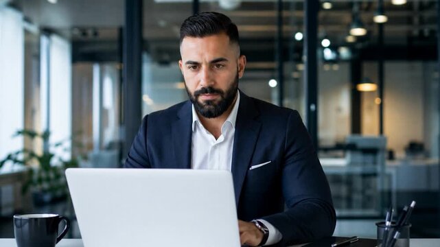 Male account bank manager executive working on laptop checking paper financial report in office. 
