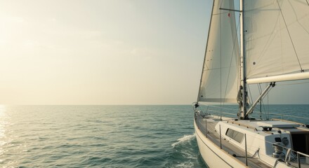 Fototapeta premium Large off-white sailing yacht navigating through calm ocean waves for luxury travel brochures, nautical lifestyle advertising and coastal vacation editorial background