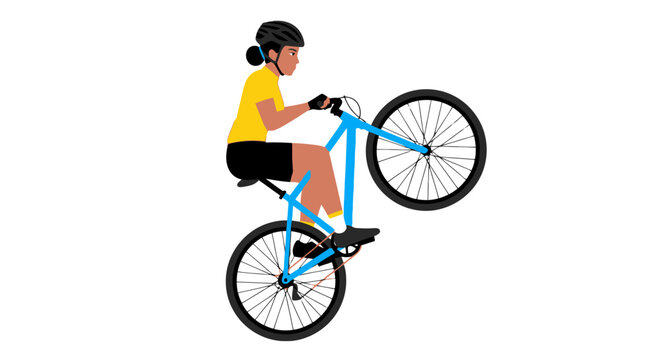 Skilled person riding a bicycle and performing a wheelie trick with one wheel lifted off the ground showcasing balance and athletic ability in an outdoor environment for action sports
