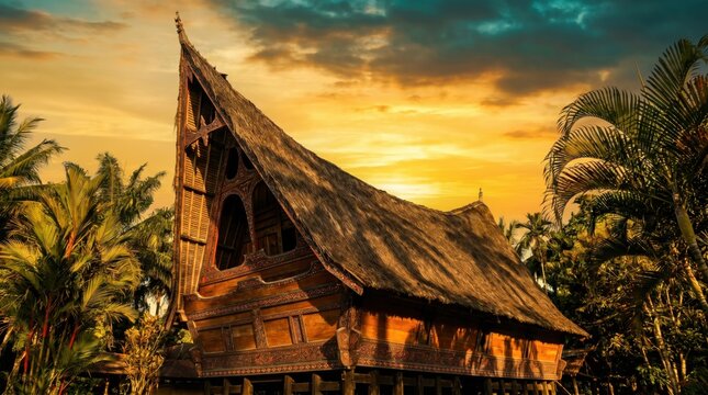 Traditional Minangkabau House at Sunset with Palm Trees and Golden Sky.
