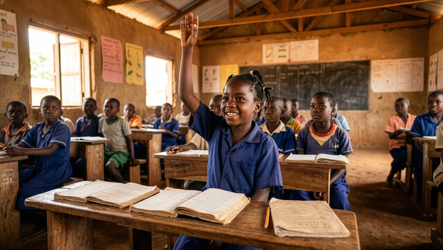 Smiling African Girl Raising Hand in Rural Classroom Surrounded by Classmates at Wooden Desks with Open Notebooks &mdash; Education in Developing Country Concept