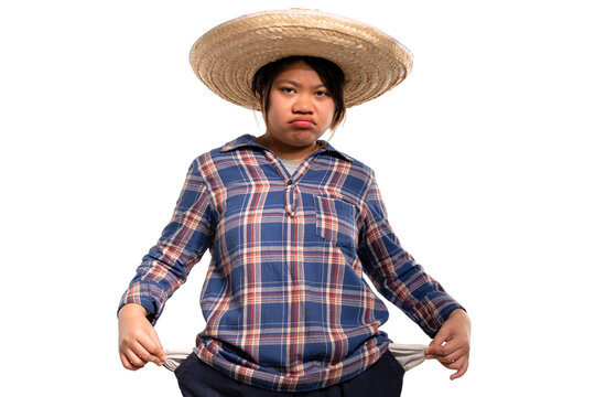 Sad and stressed young Asian farmer woman showing empty pockets. Poor female gardener having no money, bankruptcy or financial problem isolated on transparent background, PNG file format.