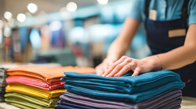 Folding working clothes in poor lighting retail store with colorful fabric stacks and person organizing textiles carefully