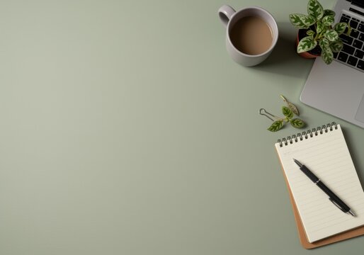 Muted sage green desk surface background with a laptop and coffee mug for professional productivity blogs, office supplies catalogs and minimalist workspace styling