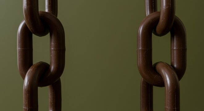 Olive green background wall framed by two brown heavy duty plastic chains for industrial product layouts, construction design assets and hardware shop advertising