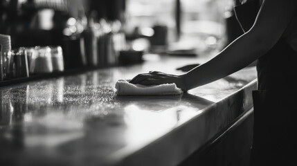 Obraz premium Working hand cleaning bar counter with cloth in poor light environment showing effort and care in monochrome style