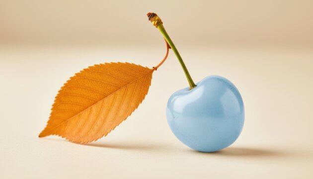 Sky blue sweet cherry with an orange leaf resting on a neutral warm ivory surface for health food packaging, artistic organic branding and fresh fruit advertising