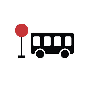 Bus and bus stop pole silhouette icon, simple transport symbol isolated on white background