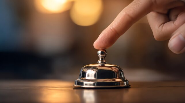 Hand pressing a vintage hotel reception bell.