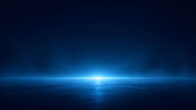 Futuristic Blue Light Horizon Background with Empty Stage and Reflection