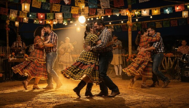 Several couples dancing forro in close embrace on a packed earth floor for cultural festival promotion, travel advertising and traditional party celebration imagery