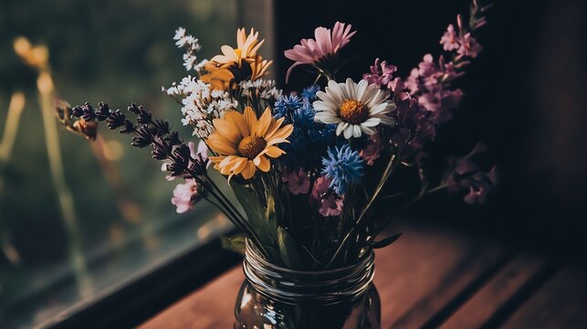 Whimsical bouquet of mixed wildflowers including daisies lavender and cornflowers in a mason jar The flowers spill over the edges creating a carefree bohemian atmosphere