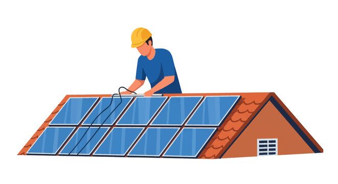 Vector illustration of a male technician in a yellow hard hat installing photovoltaic solar panels on the red tiled roof of a residential house, isolated on white background.