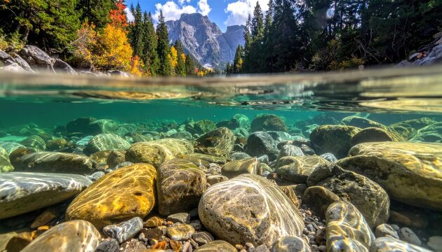 Clear river water with visible stones and mountains under a blue sky