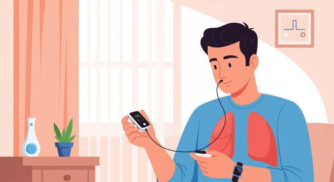 Vector illustration of a man using a digital pulse oximeter to monitor blood oxygen levels and respiratory health, featuring an anatomical lung diagram and a smartwatch at home.