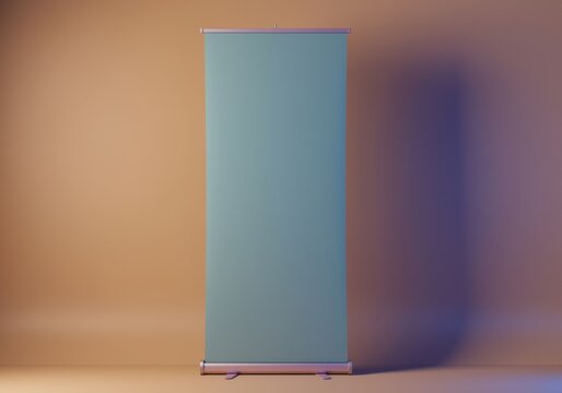 Vertical roll-up banner mockup standing in a studio for corporate branding, marketing presentations and office exhibition design with copy space and ambient lighting