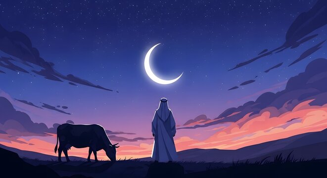 Eid ul adha mubarak crescent moon silhouette livestock a blessed celebration