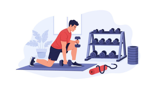 Flat vector illustration of a man in a red shirt and shorts performing weighted lunges with dumbbells on a yoga mat in a home gym with a weight rack and fitness equipment.
