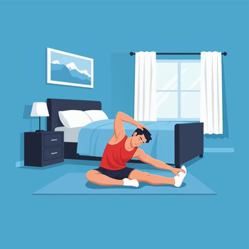 Flat vector illustration of a man in a red tank top and black shorts sitting on a mat performing a hamstring stretch in a blue bedroom with a bed, window, and nightstand.