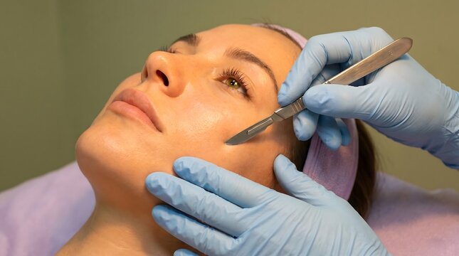 Dermaplaning, facial treatment, skin care, exfoliation, woman receiving