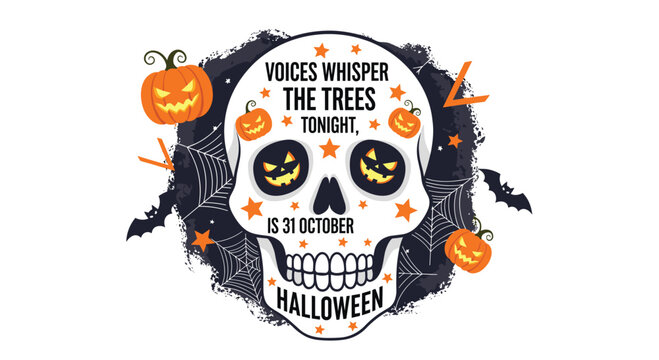 Spooky Halloween illustration featuring a skull decorated with pumpkins, stars, and spider webs with thematic creepy text.