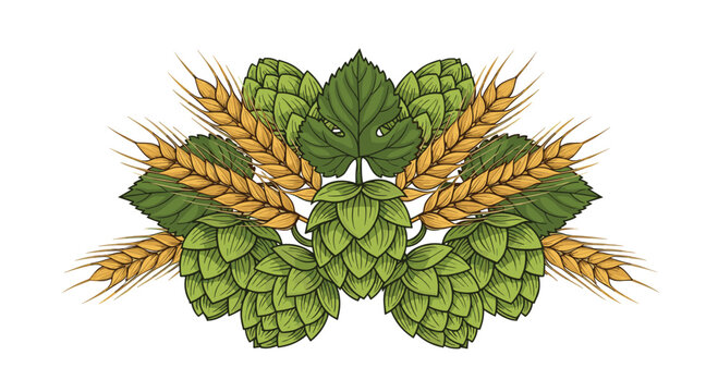 Ornate symmetrical composition of green hop cones and golden wheat ears for brewery label or farm product packaging.