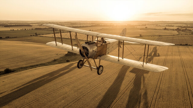 Vintage WWI Biplane Flying Low Over Golden Wheat Fields at Sunset with Rural Countryside Landscape &mdash; Historic Aviation Aerial Photography