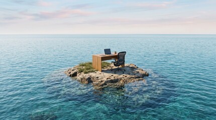 Naklejka premium A remote worker's office on their own tiny uninhabited island