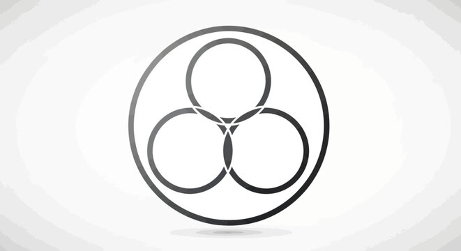 Minimalist abstract geometric symbol with three interconnected overlapping circles inside an outer circle, in monochrome black and white, representing unity, collaboration, and modern design.