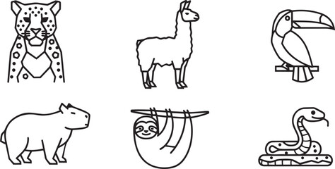 Fototapeta premium South American wildlife icon set black outline minimal vector illustration isolated