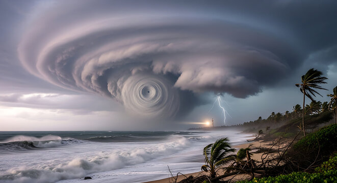 Massive supercell thunderstorm over coastal landscape with approaching tornado