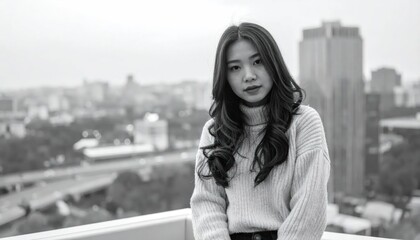 Obraz premium Young Asian Woman Posing Confidently on a Rooftop Overlooking Cityscape.