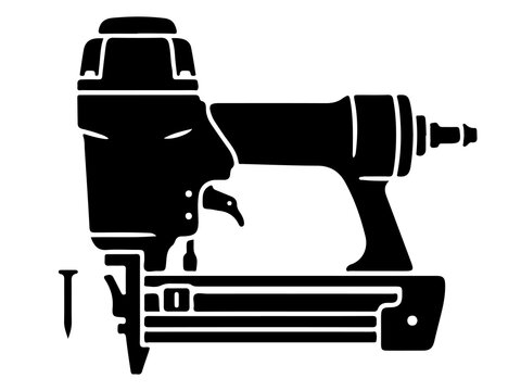Pneumatic Nail Gun Silhouette, Industrial Brad Nailer Icon, Vector Power Tool and Construction Illustration