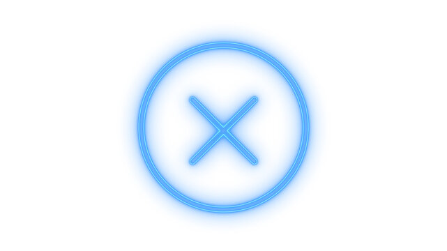 Glowing neon X mark close button symbol icon isolated on transparent background. Dismiss. Delete. Cancel. Error. Remove. Exit. Stop. Fail. Reject. Deny. UI. Interface.