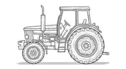 Obraz premium Highly detailed black and white line drawing of a modern agricultural tractor shown from the side for farming and heavy machinery concepts.