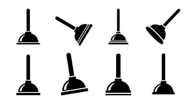 Plunger Icons Set: Various Angles and Positions, Black and White Vector Graphics