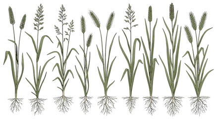 Fototapeta premium Collection of various cereal grass species including wheat oats and rye with their roots systems shown for botanical or agricultural study.