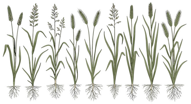 Collection of various cereal grass species including wheat oats and rye with their roots systems shown for botanical or agricultural study.