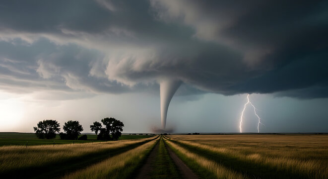Dramatic tornado descends over rural landscape with fields and dark skies