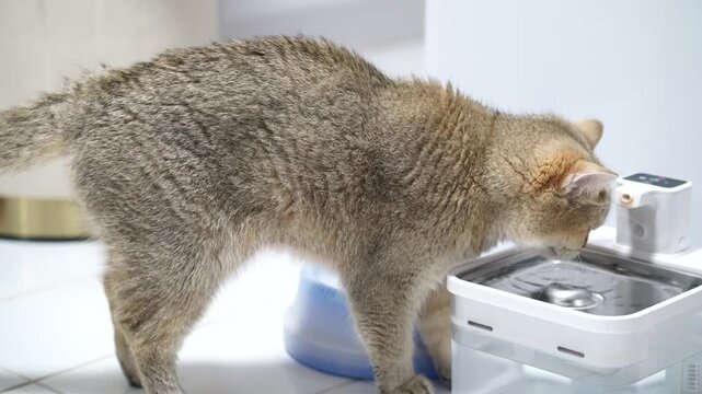 Cat pet animal drinking water fountain domestic indoor hydration fur, curious cat drinking water from automatic pet fountain white tiled floor with blue plastic bowl, healthy hydration for domestic