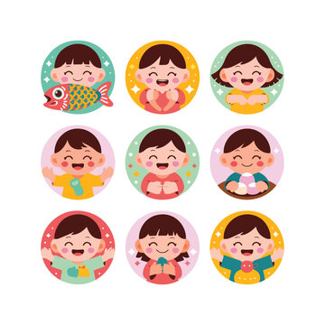 ACO Base Kawaii Girl Expression Icon Pack &ndash; Cute Kids Avatar Flat Vector Set

