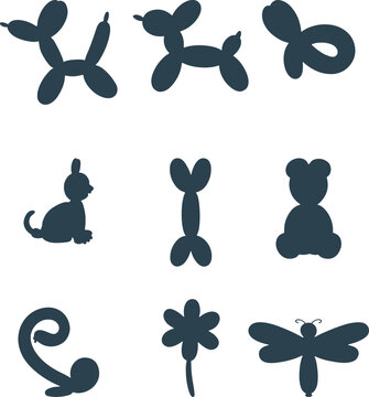 Balloon animal silhouettes set, dog flower butterfly shapes playful vector