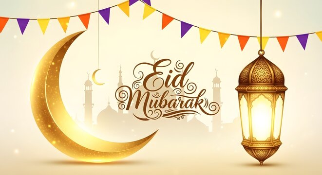 Eid al adha eid mubarak greeting card with crescent moon lantern and colorful flags on beige background