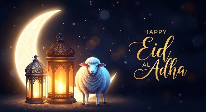 Happy eid al adha greeting card with sheep and lanterns under crescent moon