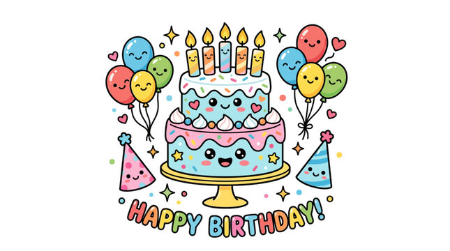 Cute kawaii birthday cake illustration with smiling candles and colorful balloons on white background, perfect for digital greeting cards, children party invitations and social media posts